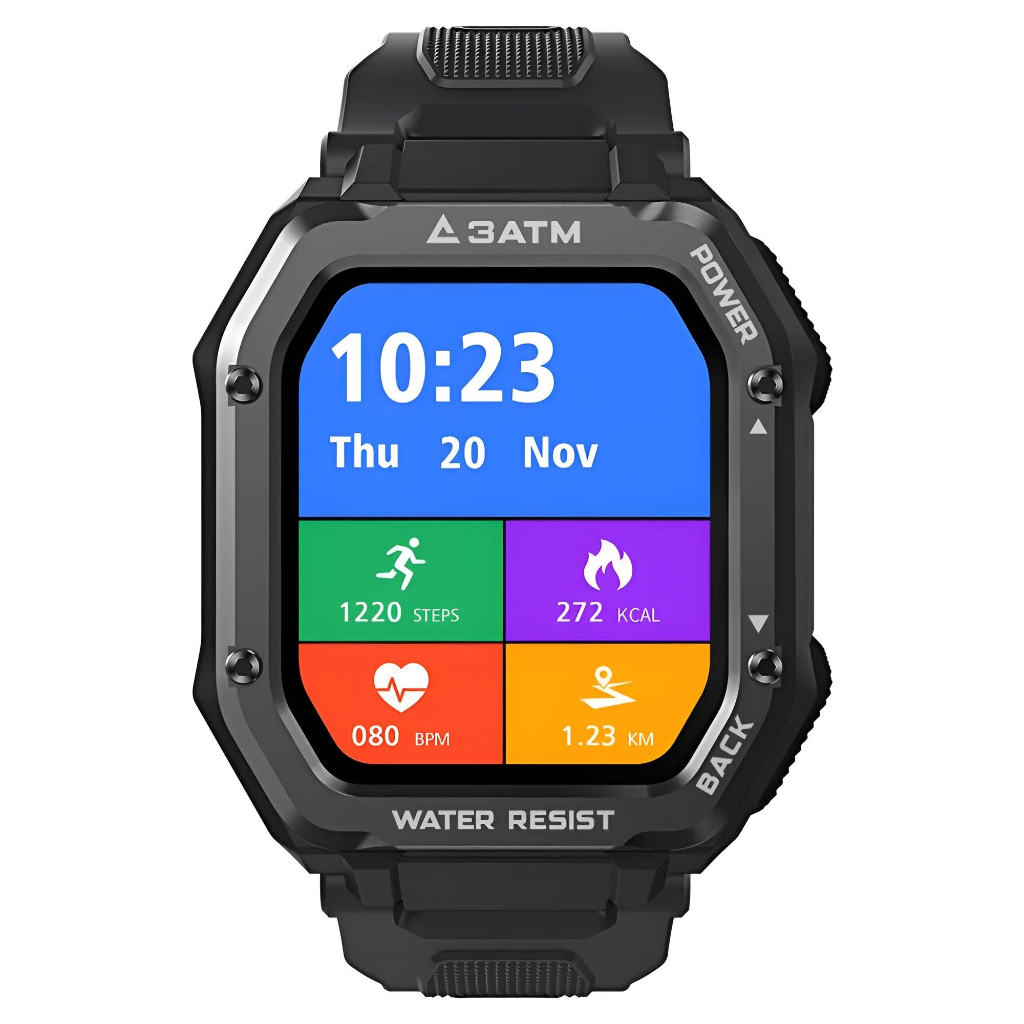 Army green outdoor smart watch with 1.69-inch screen on silicone wrist strap showing sports mode display