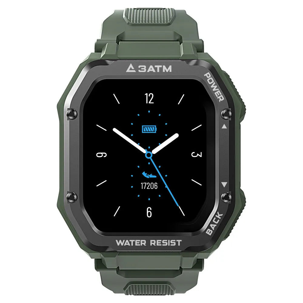 Army green outdoor smart watch with 1.69-inch screen on silicone wrist strap showing sports mode display
