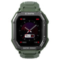 Army green outdoor smart watch with 1.69-inch screen on silicone wrist strap showing sports mode display