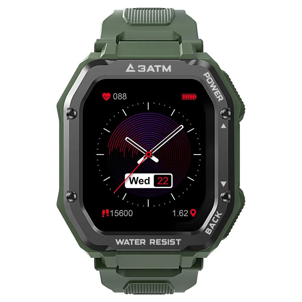Army green outdoor smart watch with 1.69-inch screen on silicone wrist strap showing sports mode display