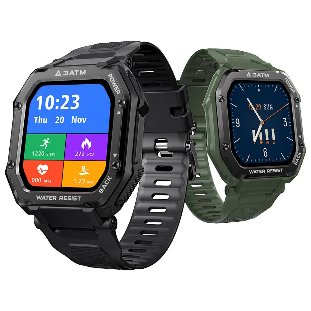 Army green outdoor smart watch with 1.69-inch screen on silicone wrist strap showing sports mode display