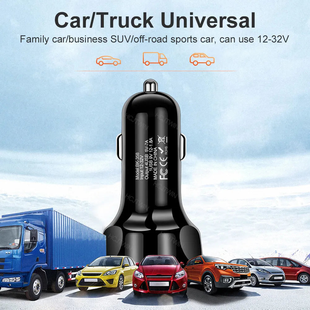4-port USB car charger QC 3.0 fast charge black ABS material 3.8x3.8x7 cm