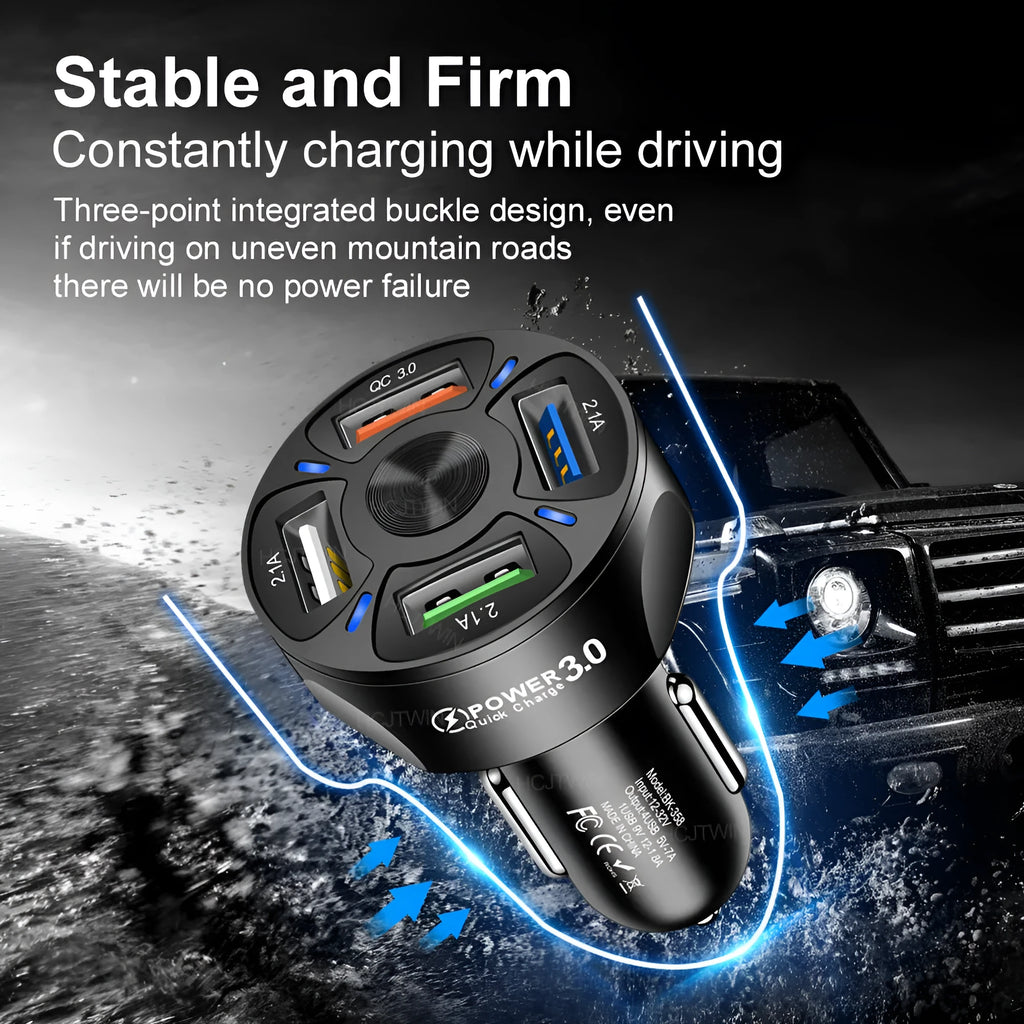 4-port USB car charger QC 3.0 fast charge black ABS material 3.8x3.8x7 cm