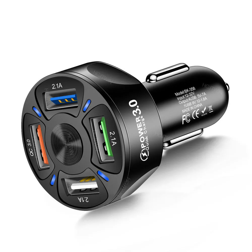 4-port USB car charger QC 3.0 fast charge black ABS material 3.8x3.8x7 cm