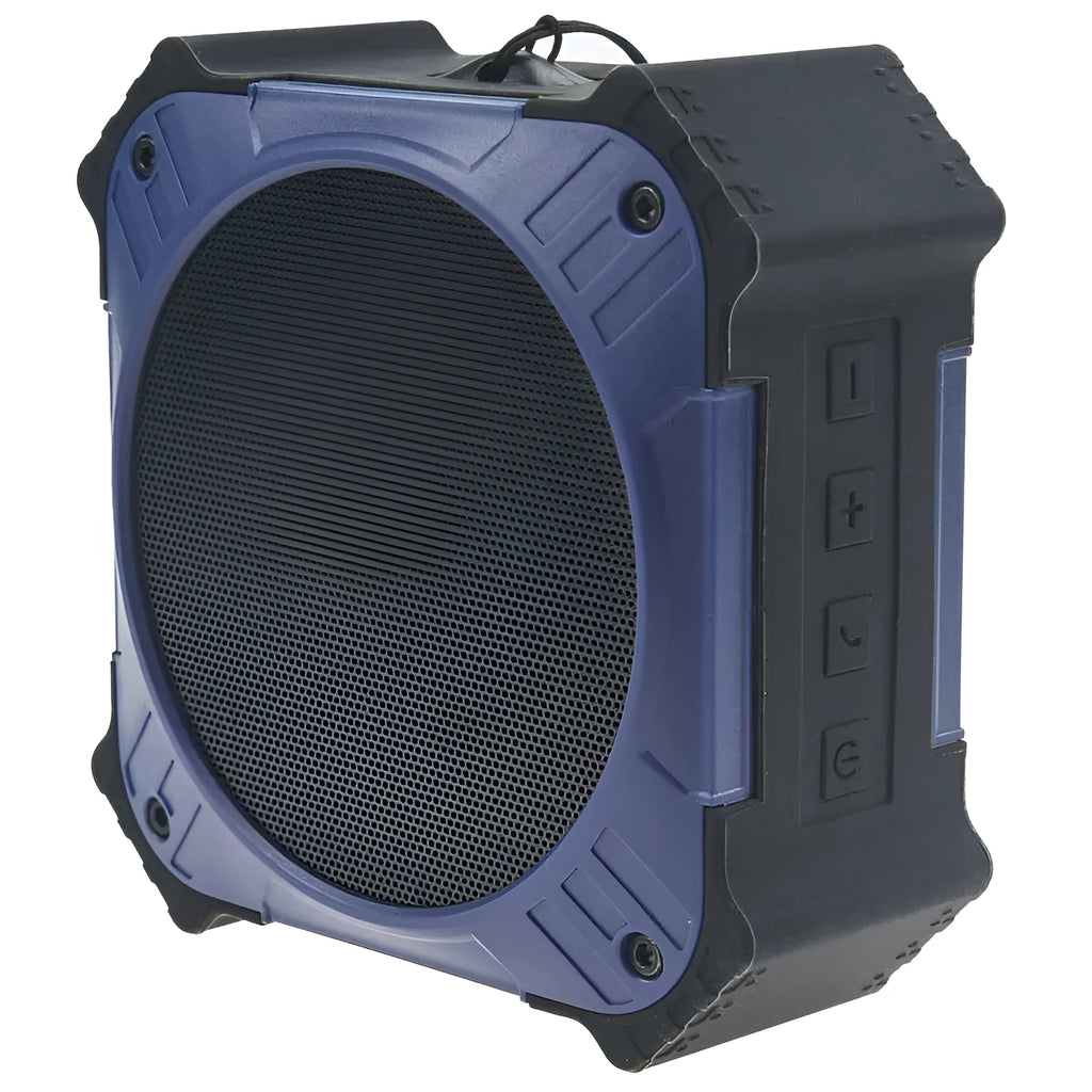 Blue waterproof portable Bluetooth speaker with wrist strap showing 101mm dimensions