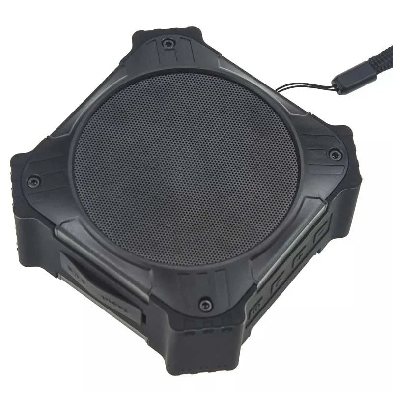 Blue waterproof portable Bluetooth speaker with wrist strap showing 101mm dimensions