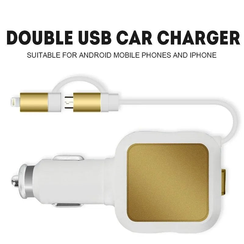 Black and gold dual USB car charger with retractable cable extended from compact body