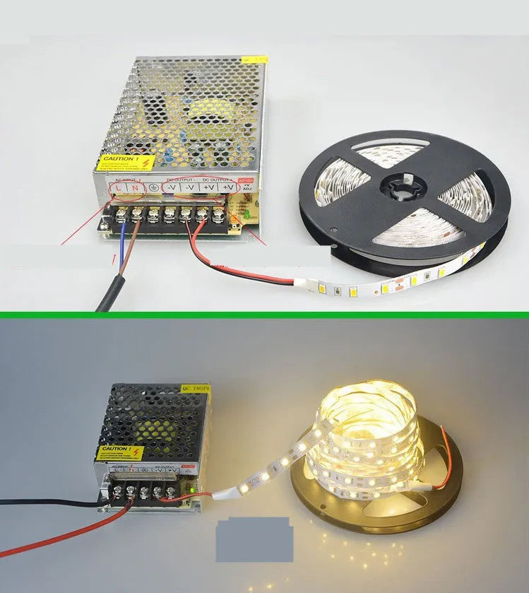 Rectangular patch-style 12V LED light strip mounted under a supermarket shelf for white accent lighting.