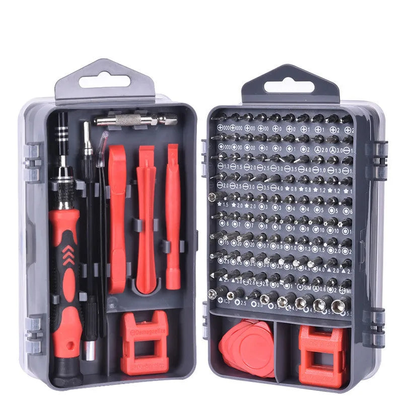 117 in 1 electronics screwdriver set with bits, magnetic pad, and flexible extension rod in a case.