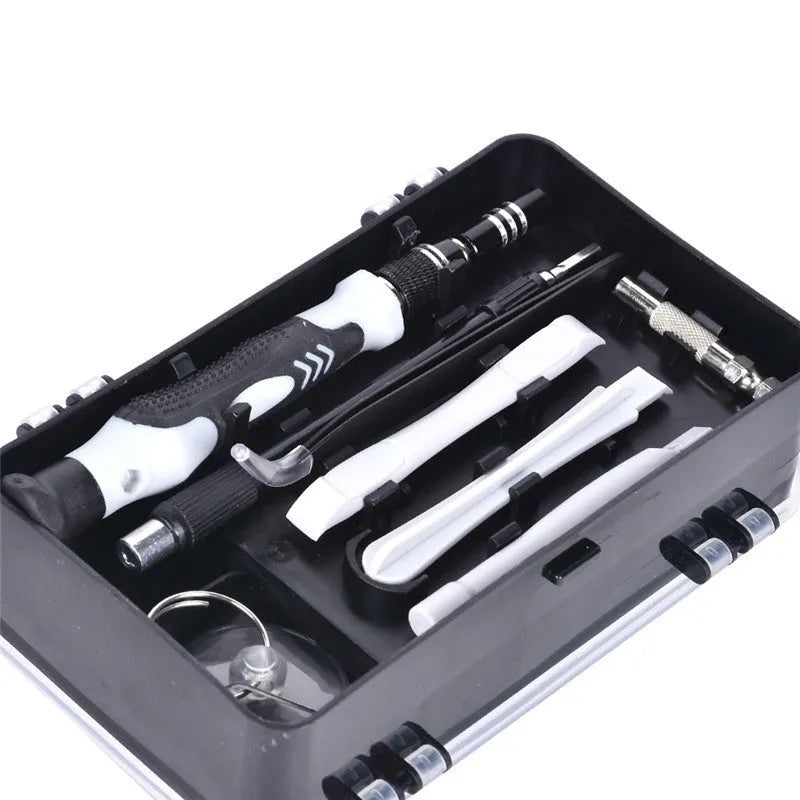 117 in 1 electronics screwdriver set with bits, magnetic pad, and flexible extension rod in a case.