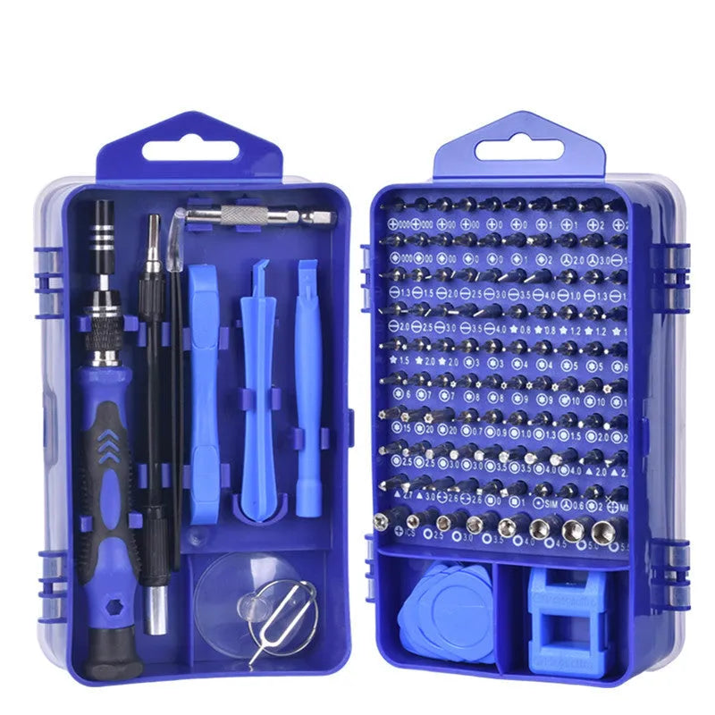 117 in 1 electronics screwdriver set with bits, magnetic pad, and flexible extension rod in a case.