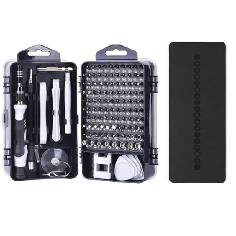 117 in 1 electronics screwdriver set with bits, magnetic pad, and flexible extension rod in a case.