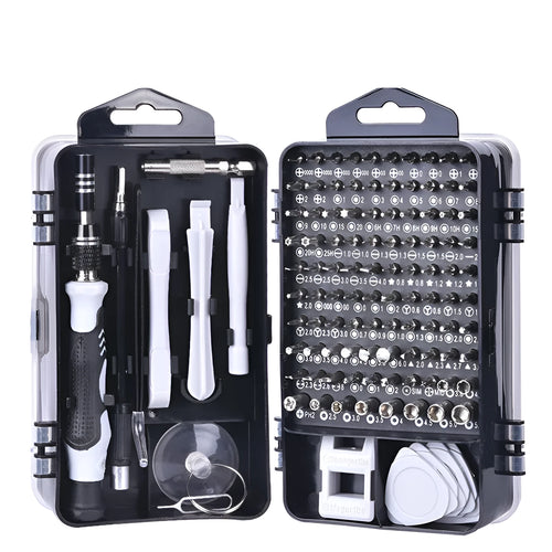 117 in 1 electronics screwdriver set with bits, magnetic pad, and flexible extension rod in a case.
