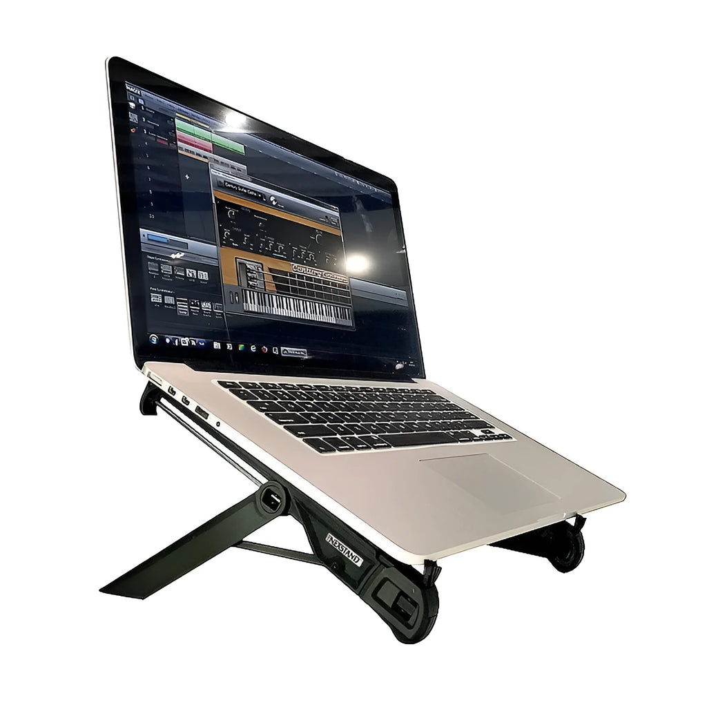 Black folding reinforced nylon portable notebook stand for laptops on a desk