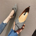 Women's pointed shallow mouth shoes in black and red with cotton uppers and low flat heels