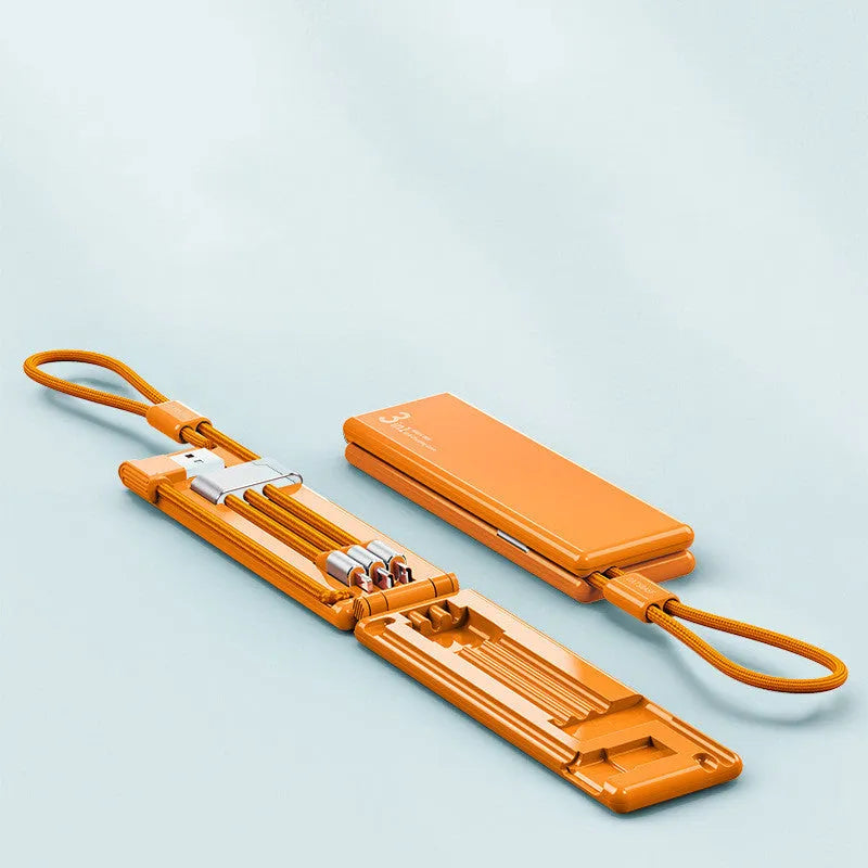 Black portable USB charger with three ports for iPhone, Type-C, and Micro cables on a short 0.2m cord.