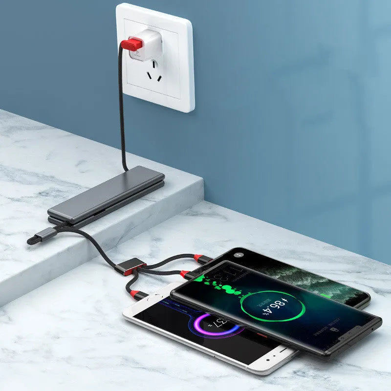 Black portable USB charger with three ports for iPhone, Type-C, and Micro cables on a short 0.2m cord.