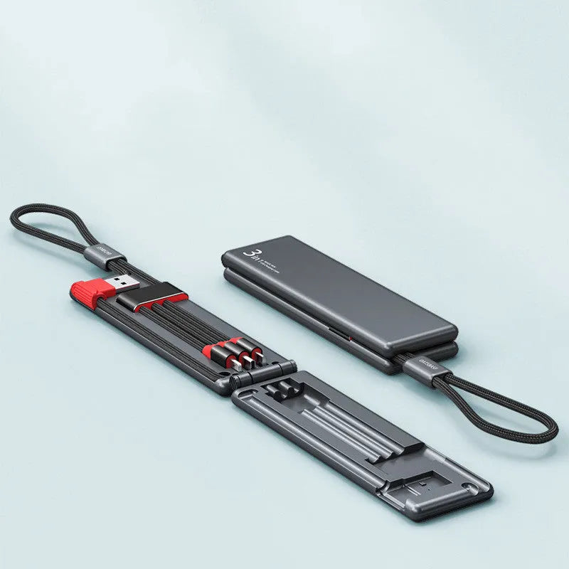 Black portable USB charger with three ports for iPhone, Type-C, and Micro cables on a short 0.2m cord.
