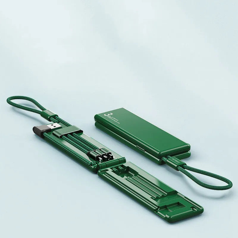 Black portable USB charger with three ports for iPhone, Type-C, and Micro cables on a short 0.2m cord.
