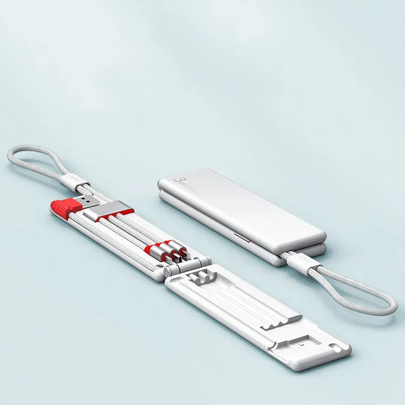 Black portable USB charger with three ports for iPhone, Type-C, and Micro cables on a short 0.2m cord.