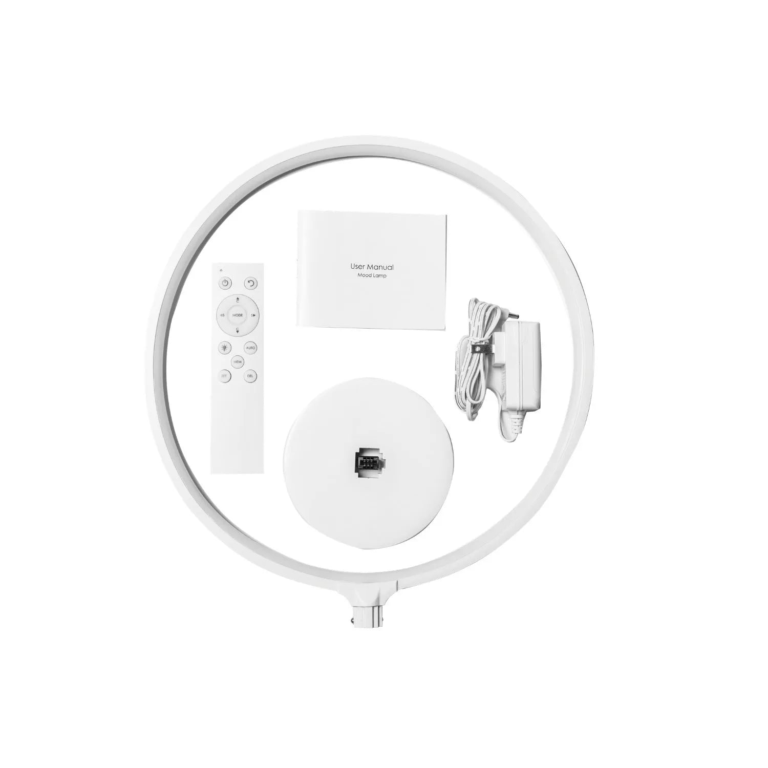 White spherical Full Moon Lamp with remote control on wooden table showing warm white glow