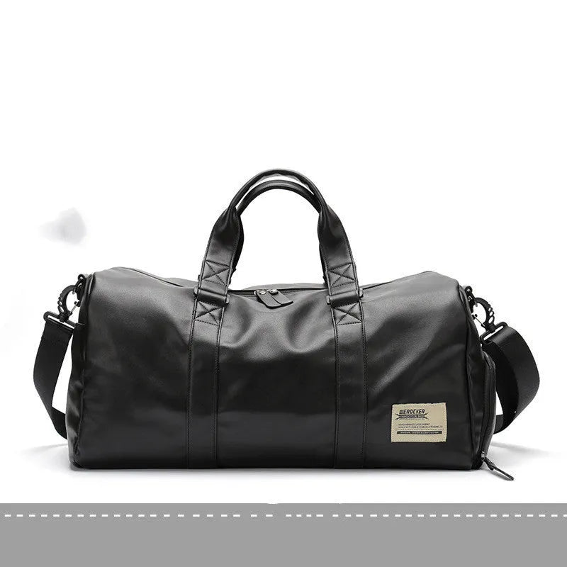Large black waterproof PU leather sports bag with multiple zipper pockets and a single shoulder strap.