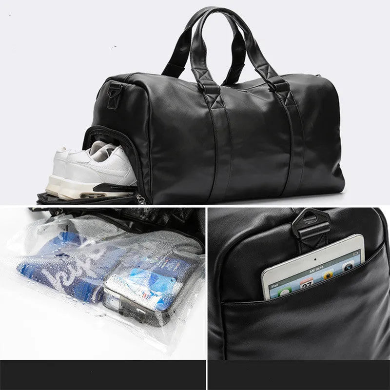 Large black waterproof PU leather sports bag with multiple zipper pockets and a single shoulder strap.