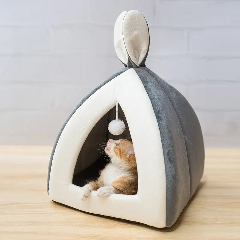 Grey cloth cat house villa bed for cats or small dogs in a medium size.
