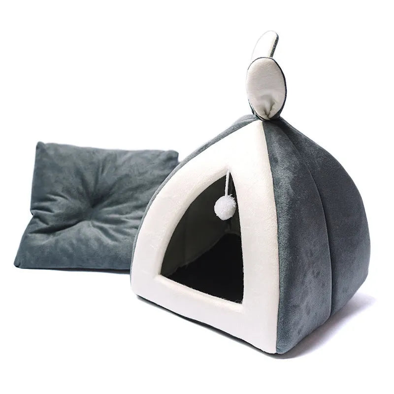 Grey cloth cat house villa bed for cats or small dogs in a medium size.