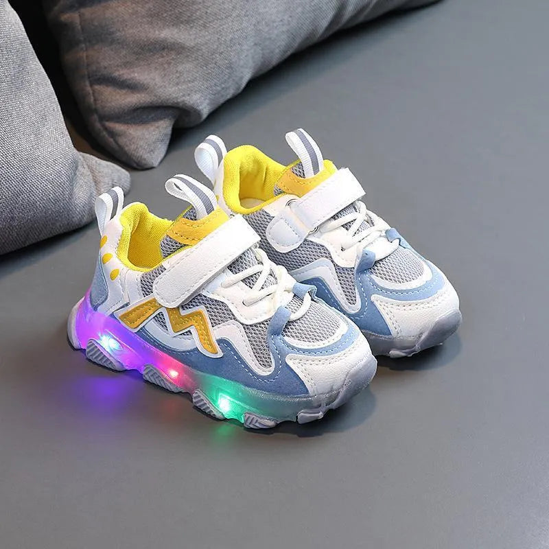 Kids' bright light mesh Velcro sneakers in black, pink, or grey on a rubber sole