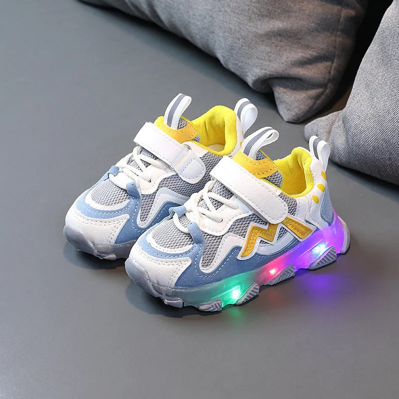 Kids' bright light mesh Velcro sneakers in black, pink, or grey on a rubber sole
