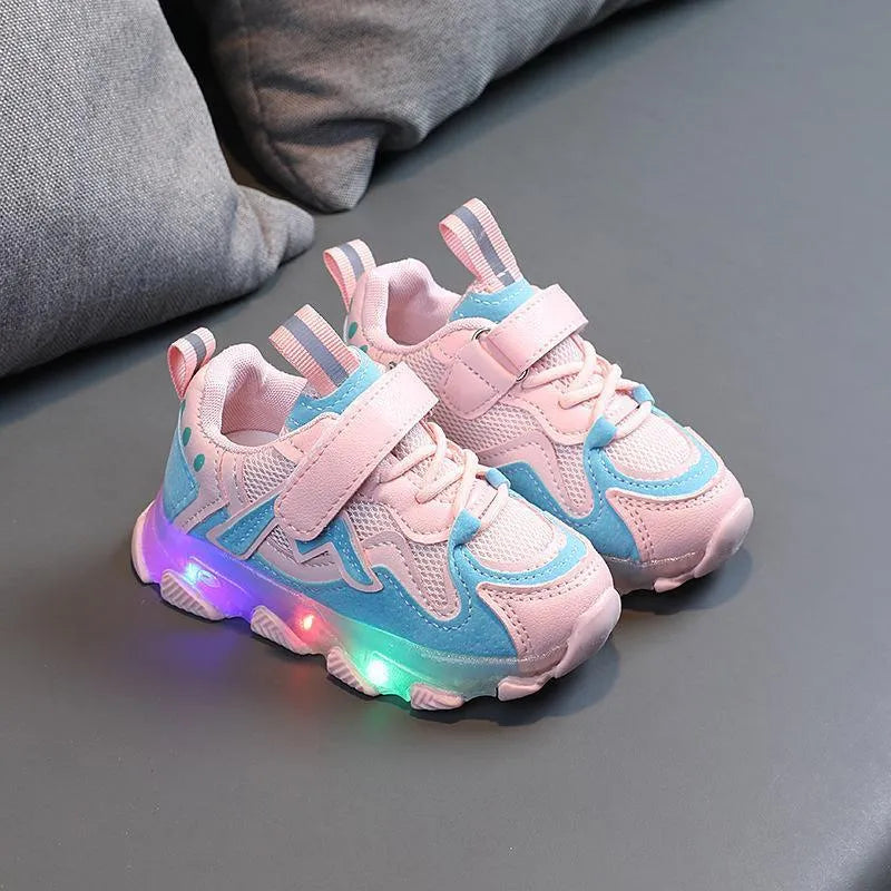 Kids' bright light mesh Velcro sneakers in black, pink, or grey on a rubber sole