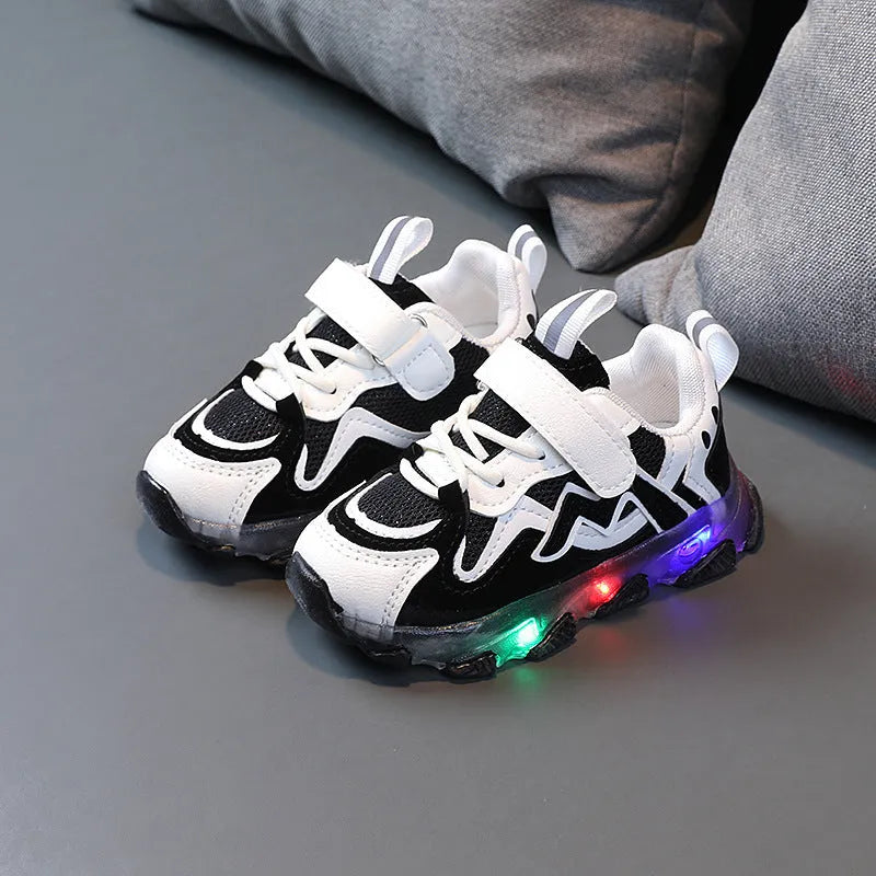 Kids' bright light mesh Velcro sneakers in black, pink, or grey on a rubber sole