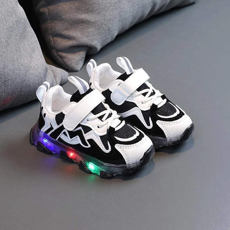 Kids' bright light mesh Velcro sneakers in black, pink, or grey on a rubber sole