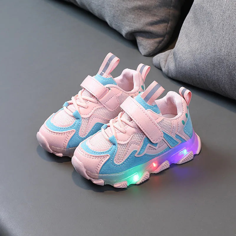 Kids' bright light mesh Velcro sneakers in black, pink, or grey on a rubber sole