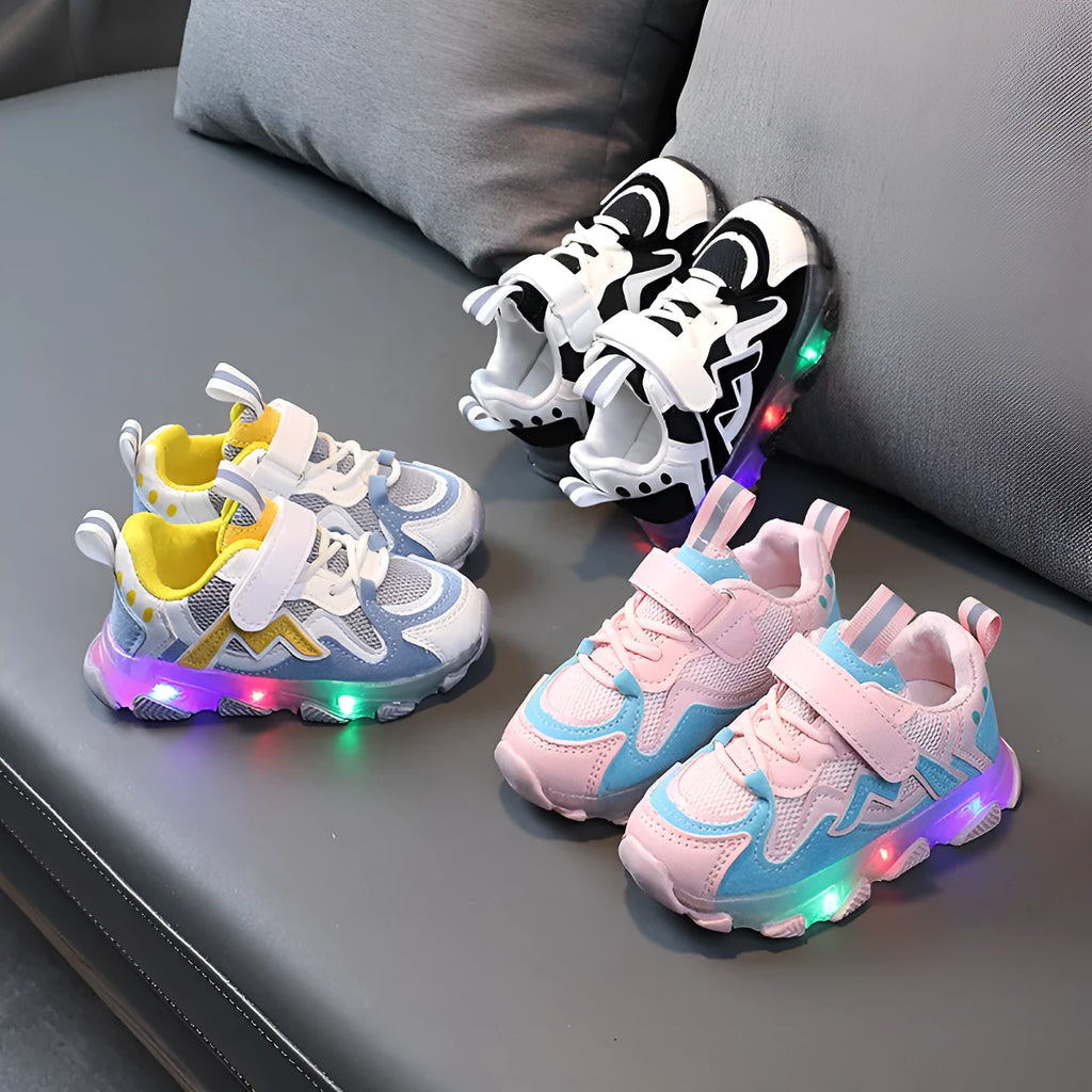 Kids' bright light mesh Velcro sneakers in black, pink, or grey on a rubber sole
