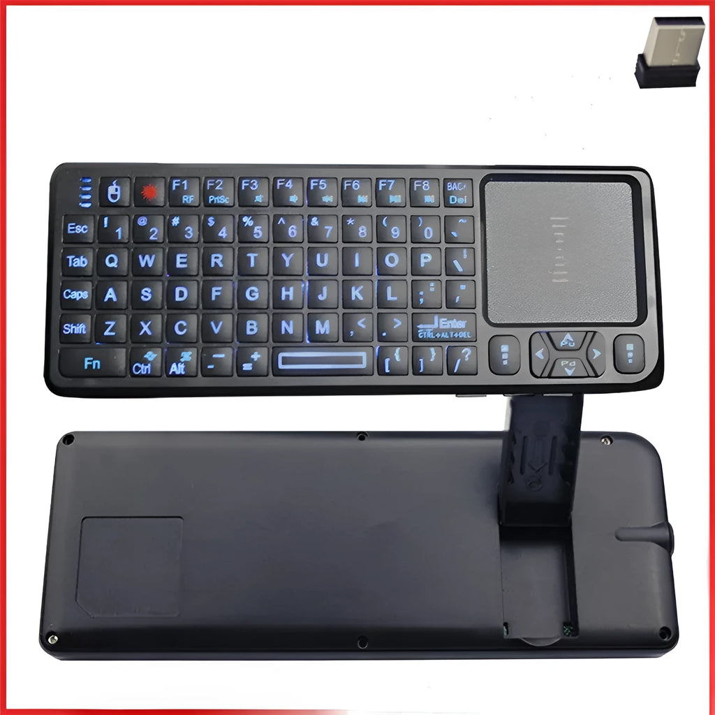 Black wireless laser teaching mini keyboard with touch screen showing compact design and presentation controls