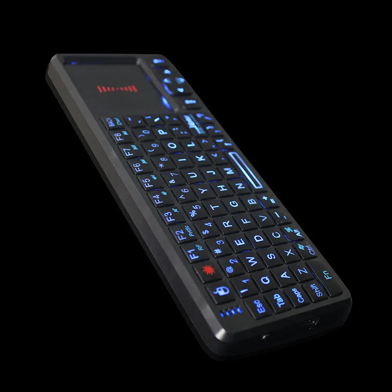Black wireless laser teaching mini keyboard with touch screen showing compact design and presentation controls