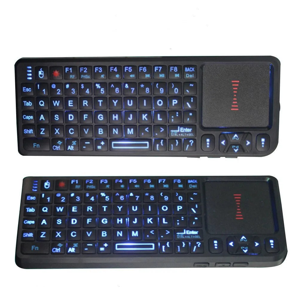 Black wireless laser teaching mini keyboard with touch screen showing compact design and presentation controls