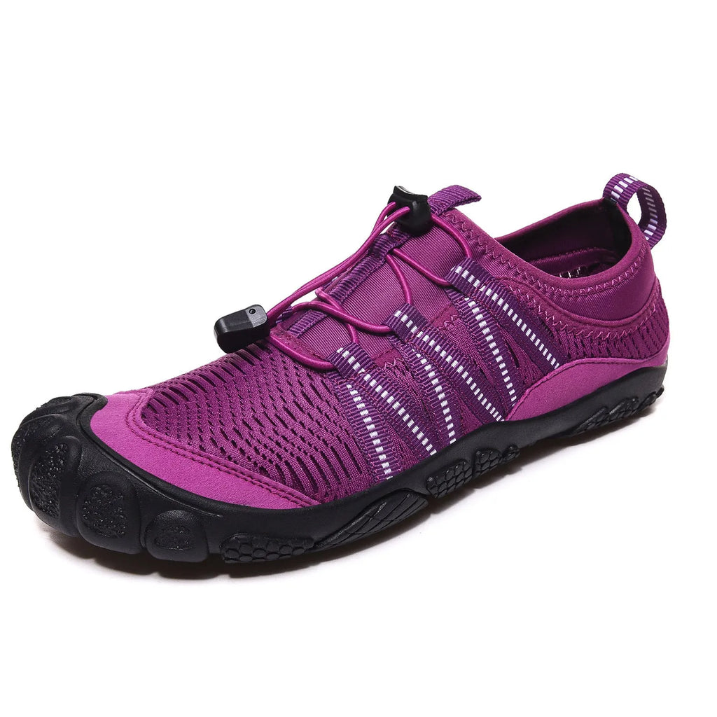 Low-top elastic band mesh water shoe with rubber sole shown in dark blue colour