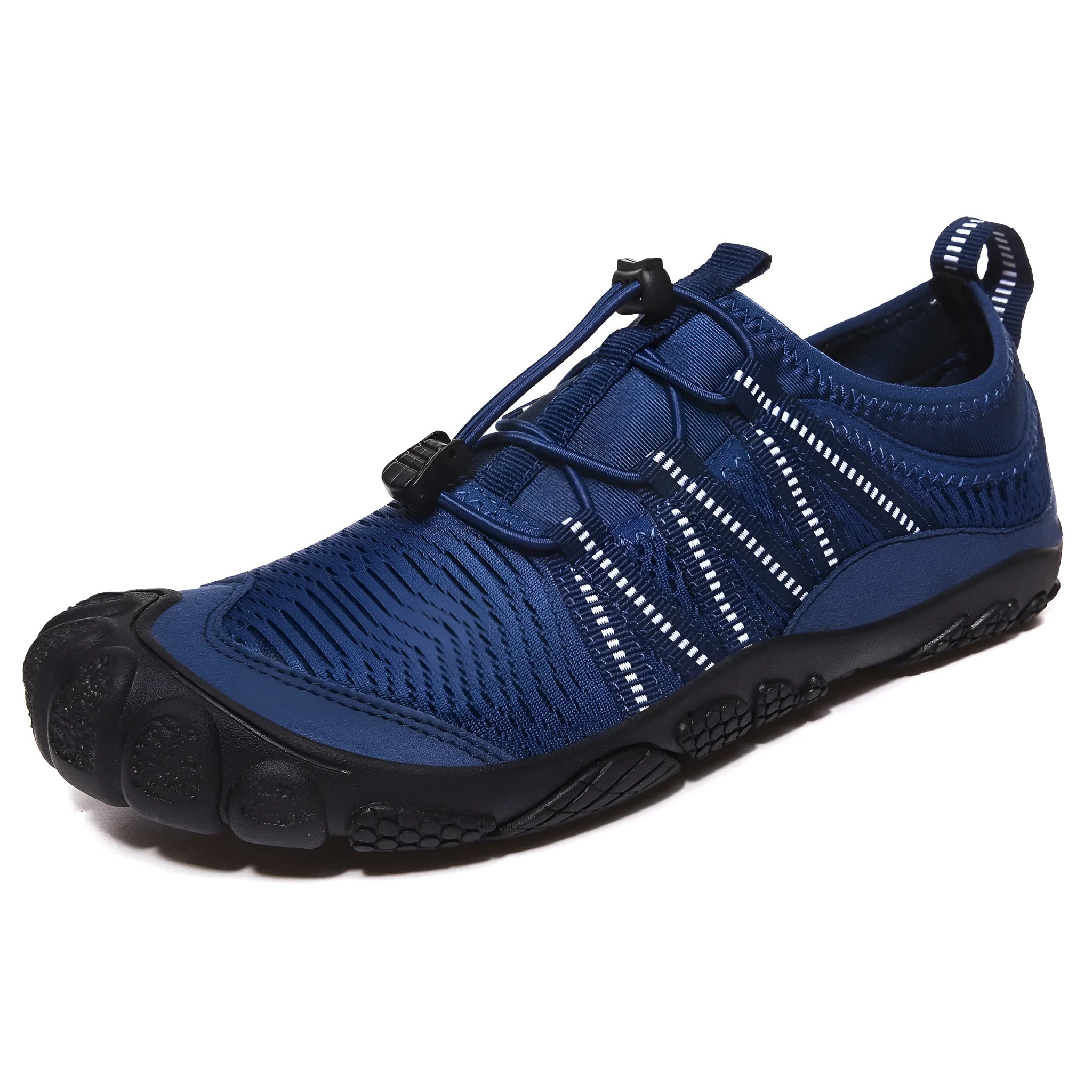 Low-top elastic band mesh water shoe with rubber sole shown in dark blue colour