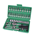 Green plastic case open showing 46-piece alloy steel metric socket and wrench set for car repair