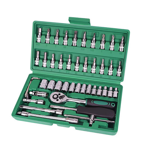 Green plastic case open showing 46-piece alloy steel metric socket and wrench set for car repair