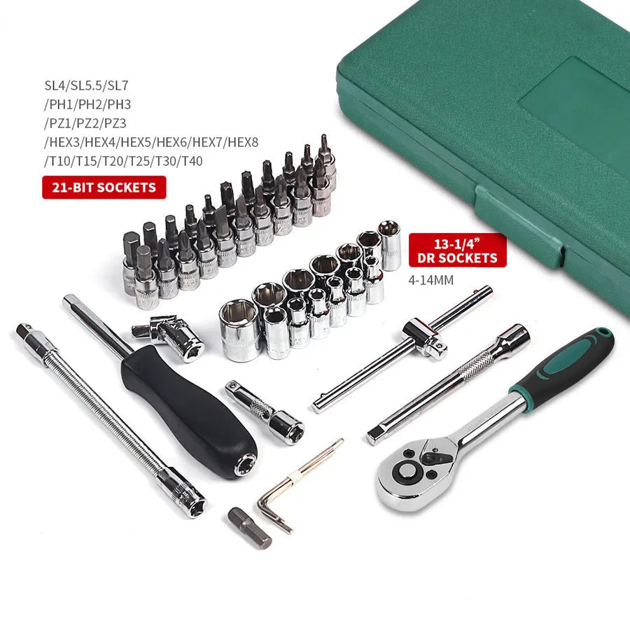 Green plastic case open showing 46-piece alloy steel metric socket and wrench set for car repair