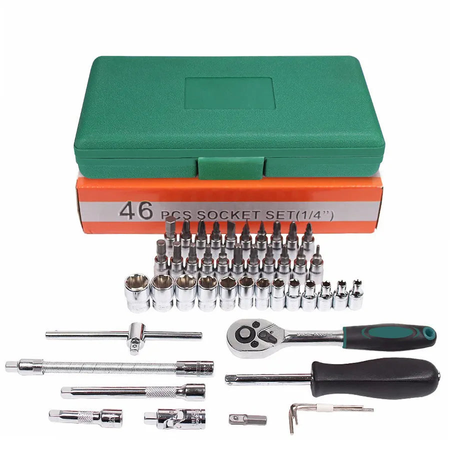Green plastic case open showing 46-piece alloy steel metric socket and wrench set for car repair