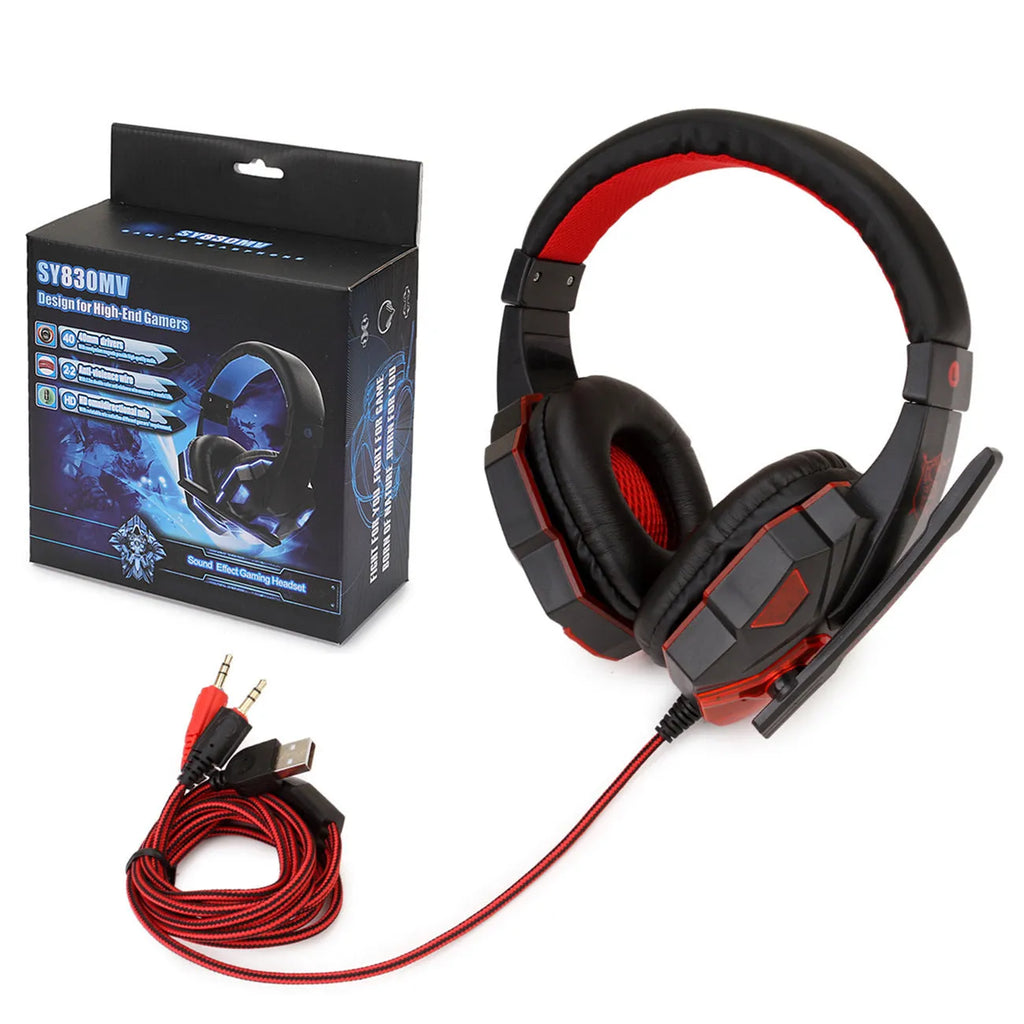 Wired gaming headset for PC with braided wire cable, tanned leather ear muffs, and available in black red, black blue or white blue colours