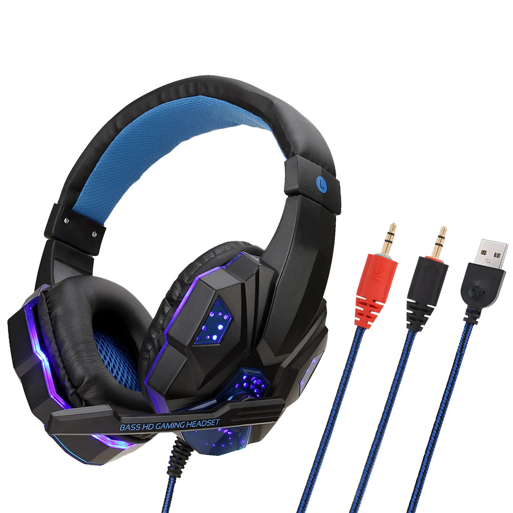 Wired gaming headset for PC with braided wire cable, tanned leather ear muffs, and available in black red, black blue or white blue colours