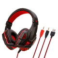 Wired gaming headset for PC with braided wire cable, tanned leather ear muffs, and available in black red, black blue or white blue colours