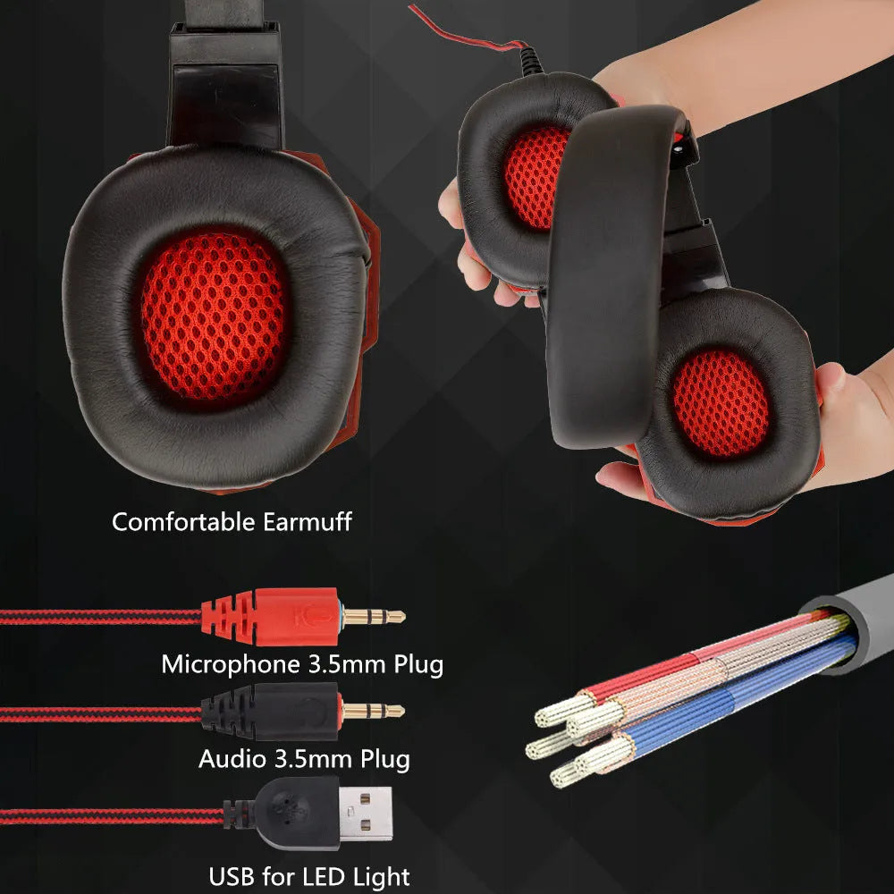 Wired gaming headset for PC with braided wire cable, tanned leather ear muffs, and available in black red, black blue or white blue colours