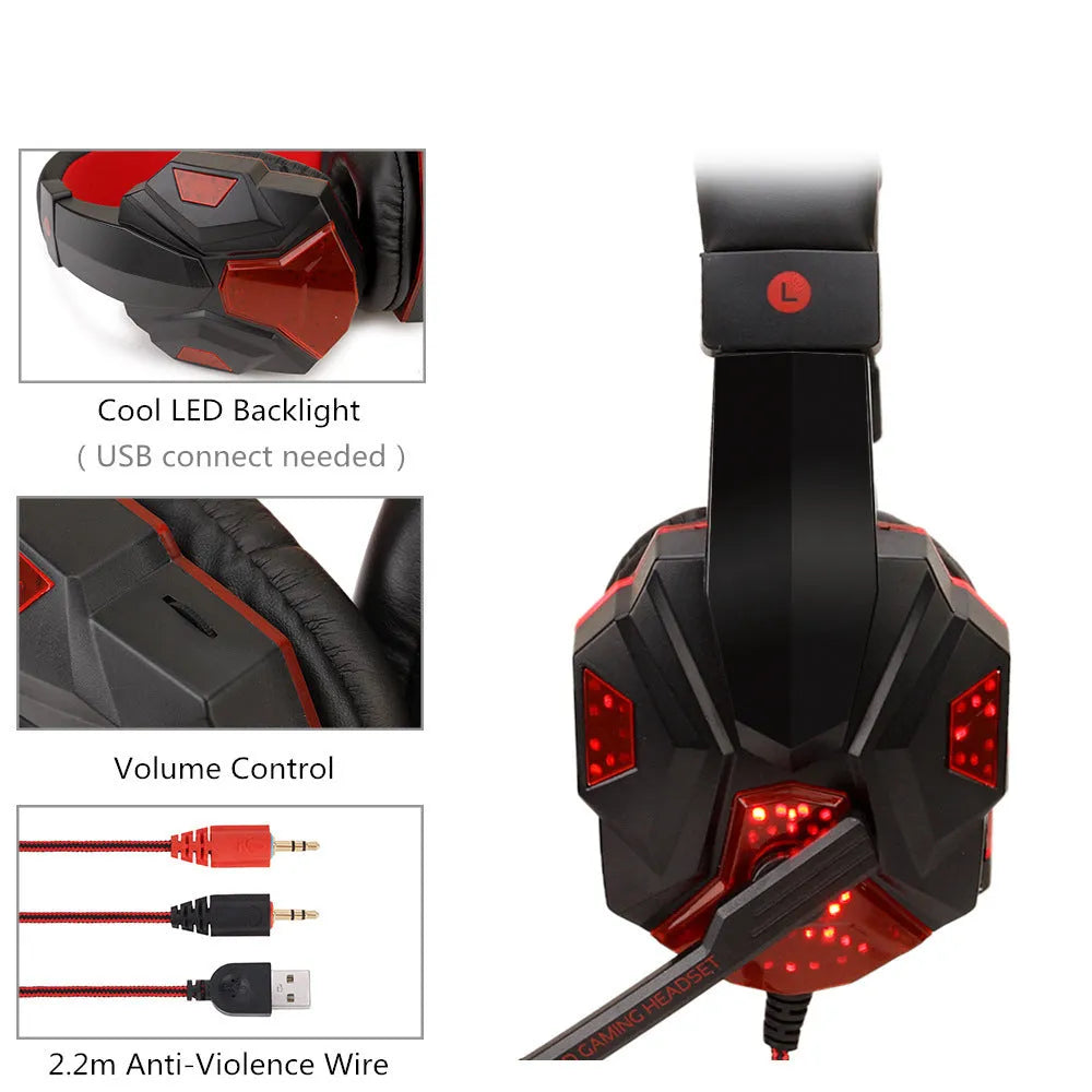 Wired gaming headset for PC with braided wire cable, tanned leather ear muffs, and available in black red, black blue or white blue colours